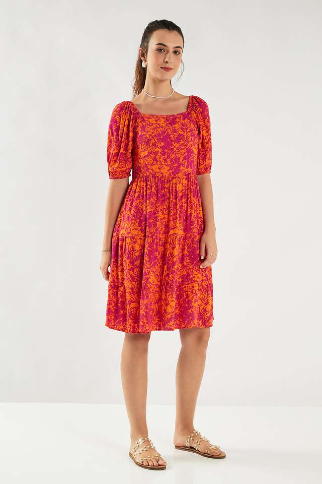 Printed-Blended-Fabric-Square-Neck-Women-s-Knee-Length-Dress