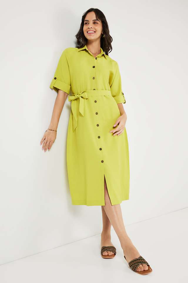 Printed-Collared-Polyester-Women-s-Calf-Length-Dress