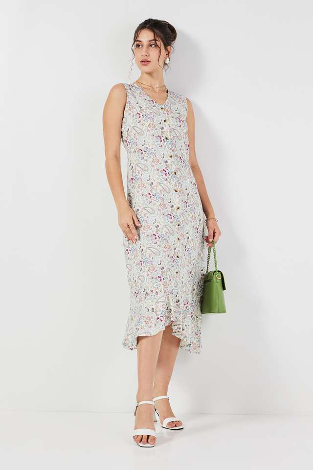 Printed-Blended-Fabric-V-Neck-Women-s-Midi-Dress