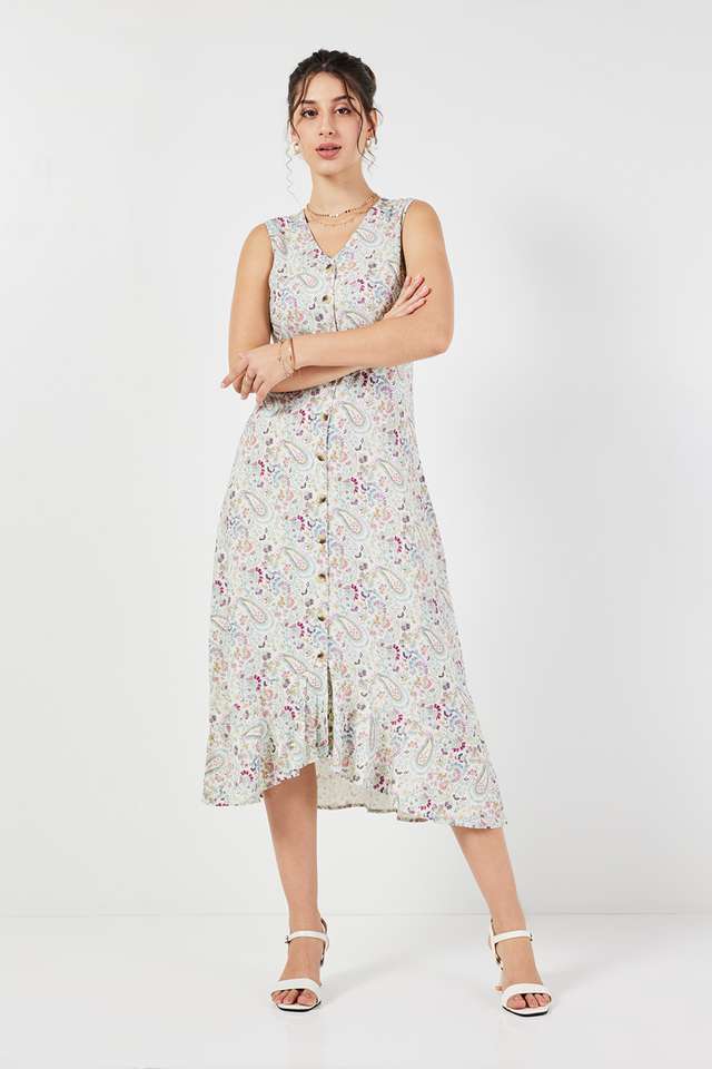 Printed-Blended-Fabric-V-Neck-Women-s-Midi-Dress