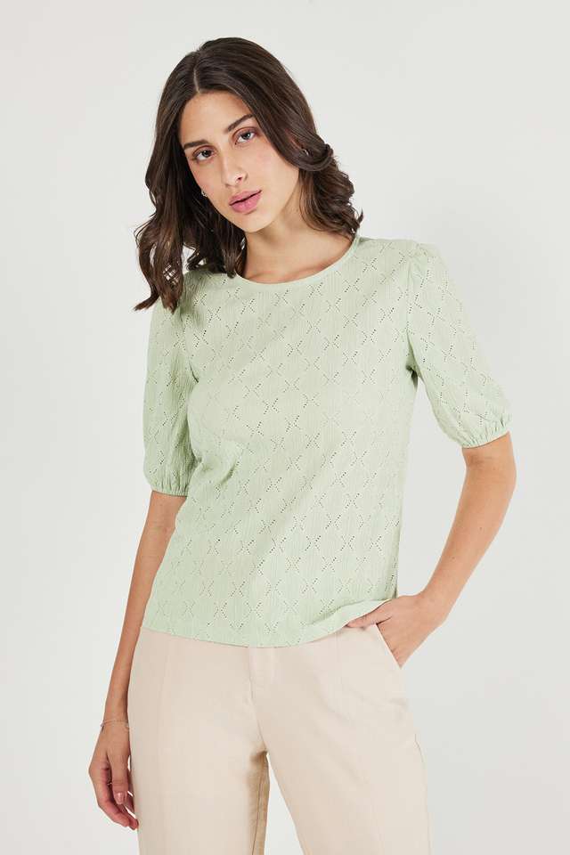 Solid-Polyester-Round-Neck-Women-s-Top
