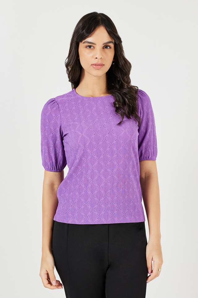 Solid-Polyester-Round-Neck-Women-s-Top