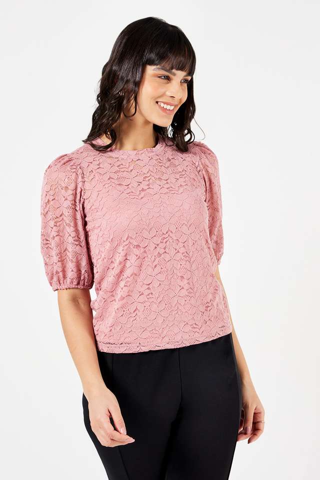 Solid-Lace-Round-Neck-Women-s-Top