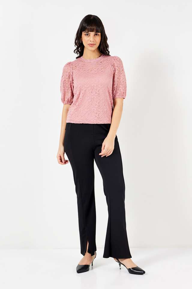 Solid-Lace-Round-Neck-Women-s-Top