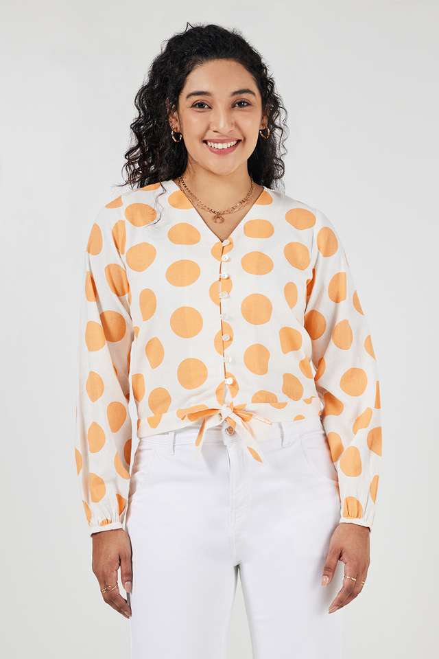 Polka-Dots-Blended-Fabric-V-Neck-Women-s-Top