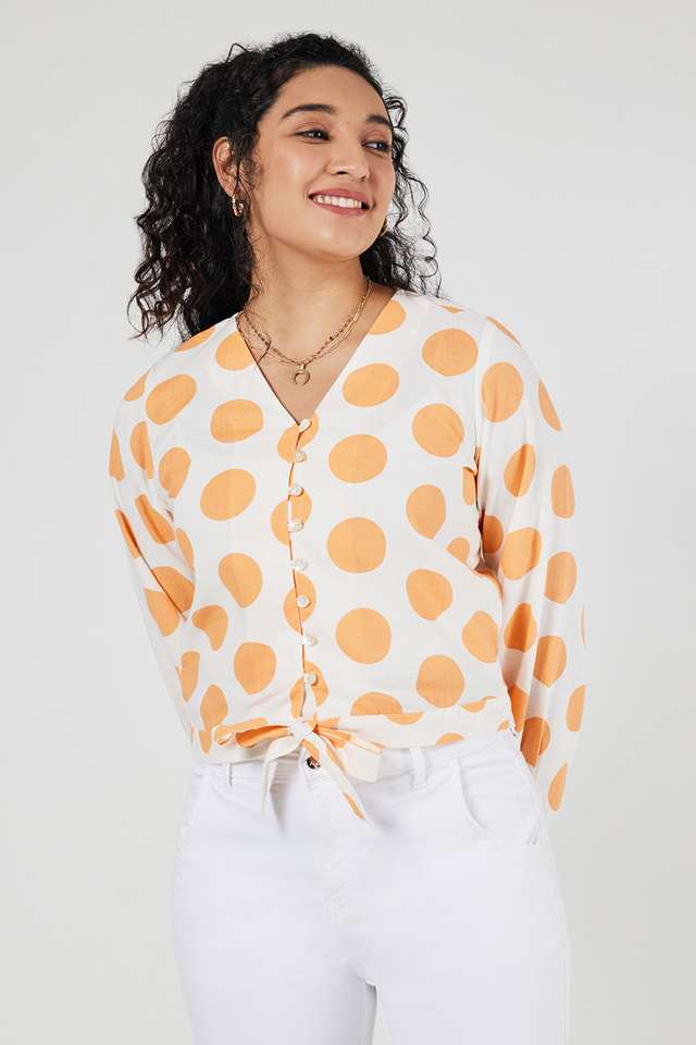 Polka-Dots-Blended-Fabric-V-Neck-Women-s-Top