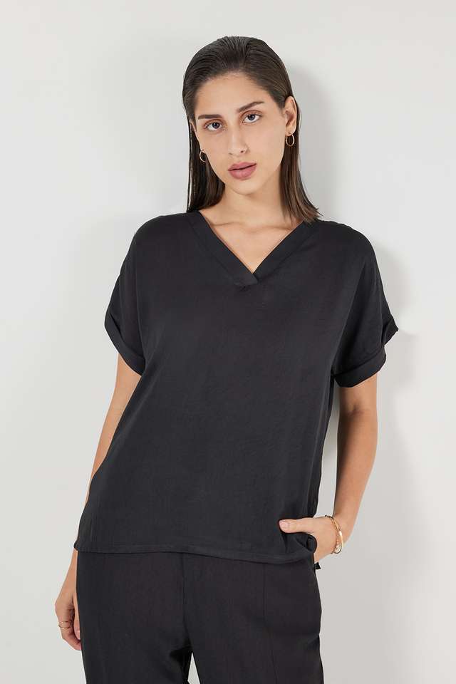 Solid-Satin-V-Neck-Women-s-Top