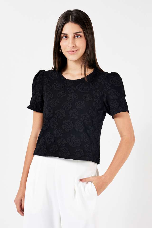 Solid-Polyester-Round-Neck-Women-s-Top