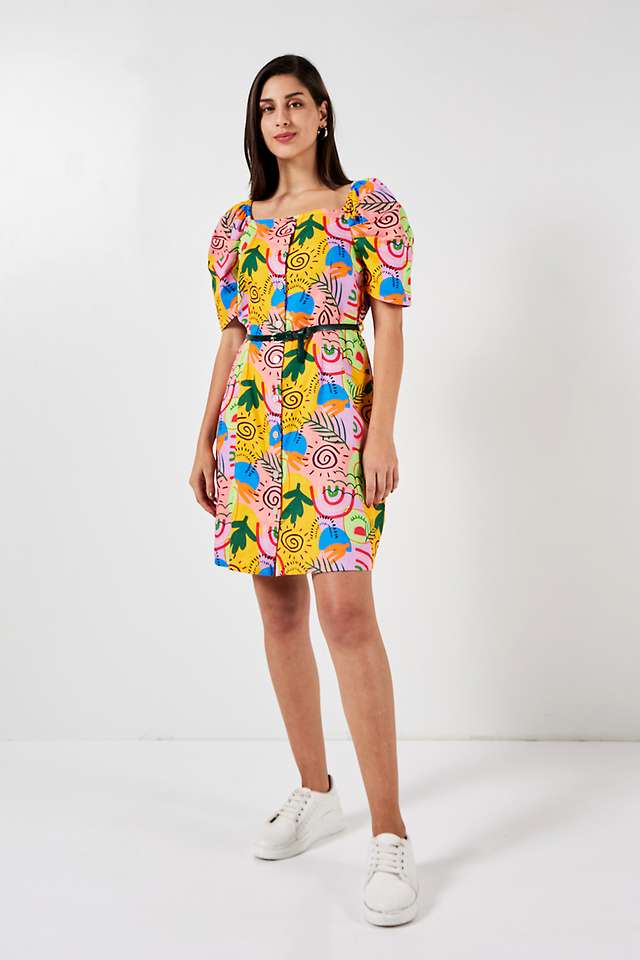 Abstract-Square-Neck-Cotton-Women-s-Dress