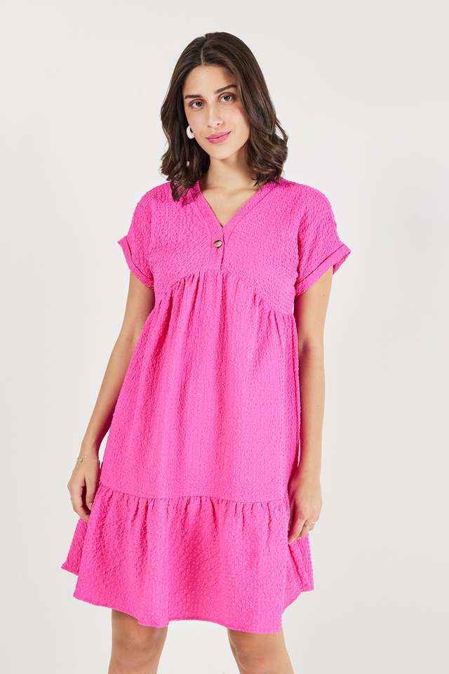 Solid-V-Neck-Polyester-Women-s-Dress