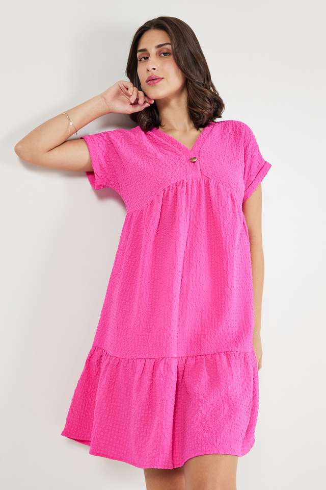 Solid-V-Neck-Polyester-Women-s-Dress