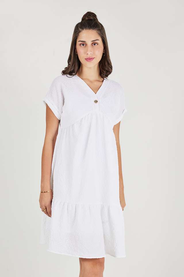 Solid-V-Neck-Polyester-Women-s-Dress