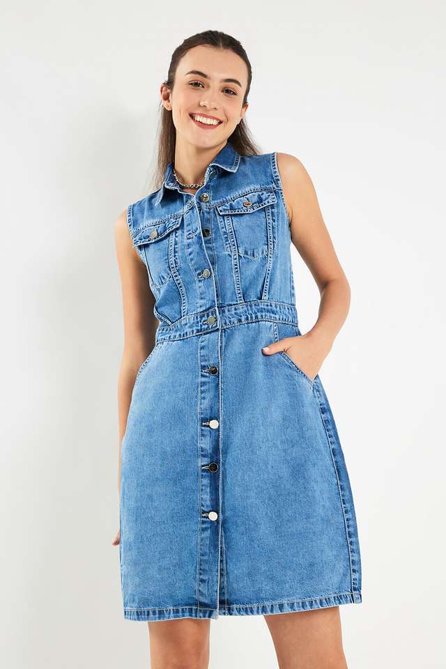 Solid-Denim-Collared-Women-s-Casual-Dress