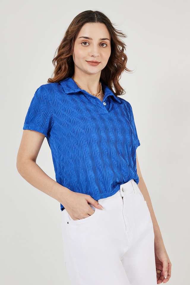 Solid-Polyester-Collared-Women-s-Top