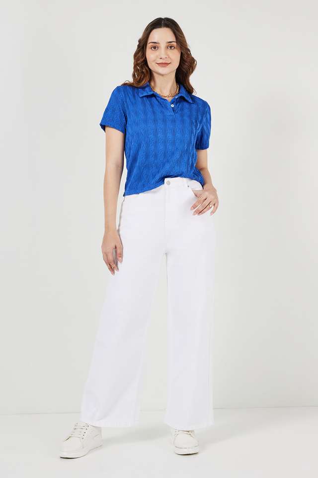 Solid-Polyester-Collared-Women-s-Top