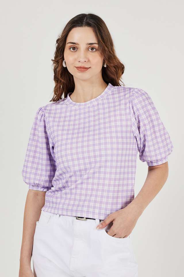 Checks-Polyester-Round-Neck-Women-s-Top