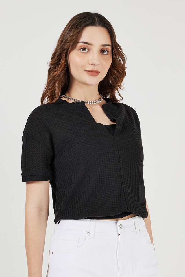 Solid-Polyester-Round-Neck-Women-s-Top