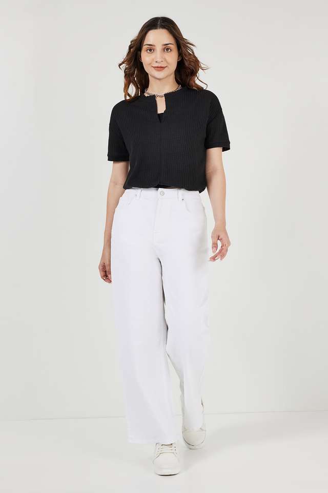 Solid-Polyester-Round-Neck-Women-s-Top