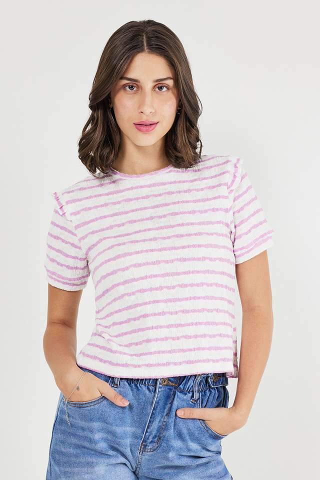 Stripes-Polyester-Round-Neck-Women-s-Top