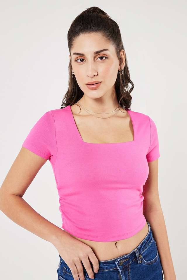 Solid-Cotton-Square-Neck-Women-s-T-Shirt