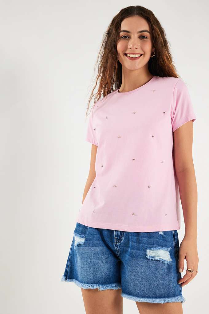 Embellished-Cotton-Round-Neck-Women-s-T-Shirt