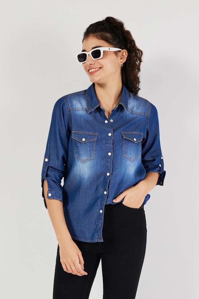 Solid-Collared-Denim-Women-s-Casual-Wear-Shirt