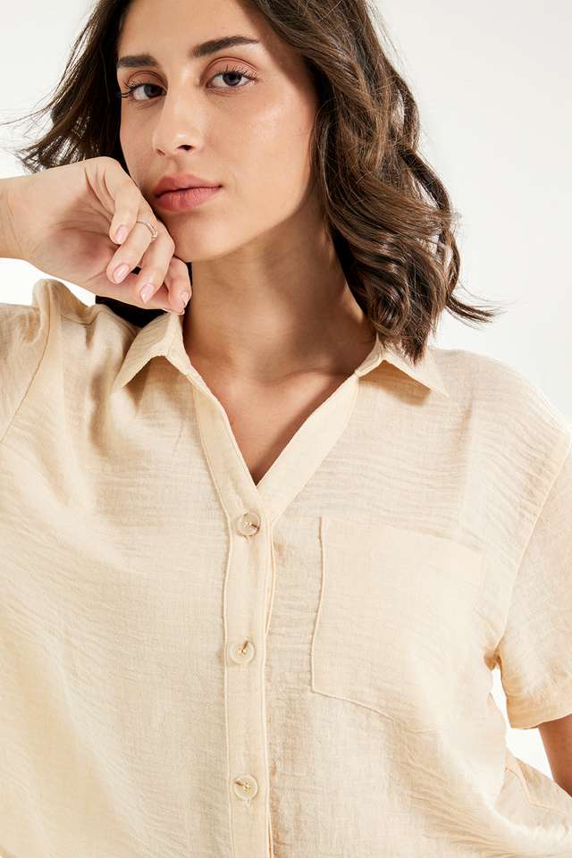 Solid-Polyester-Collared-Women-s-Top