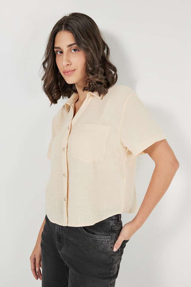 Solid-Polyester-Collared-Women-s-Top