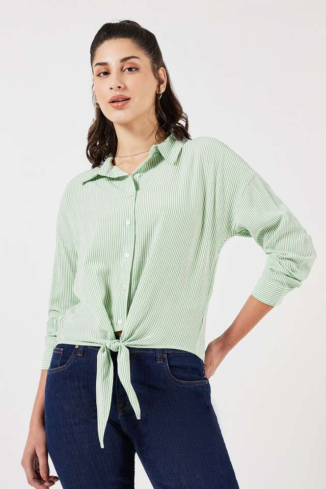 Stripes-Blended-Fabric-Collared-Women-s-Top