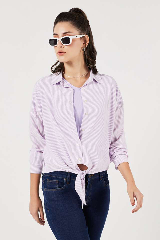 Stripes-Blended-Fabric-Collared-Women-s-Top