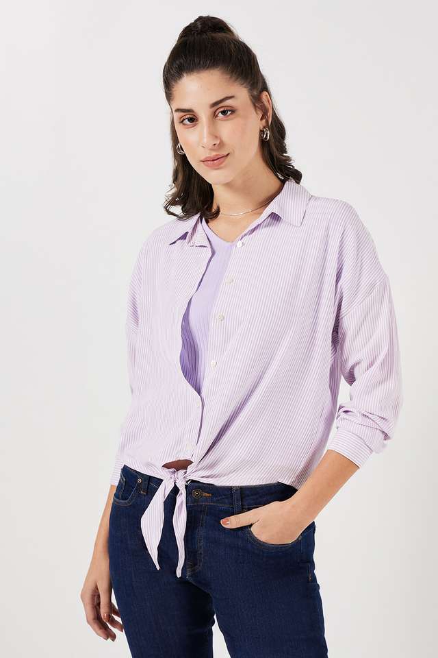 Stripes-Blended-Fabric-Collared-Women-s-Top