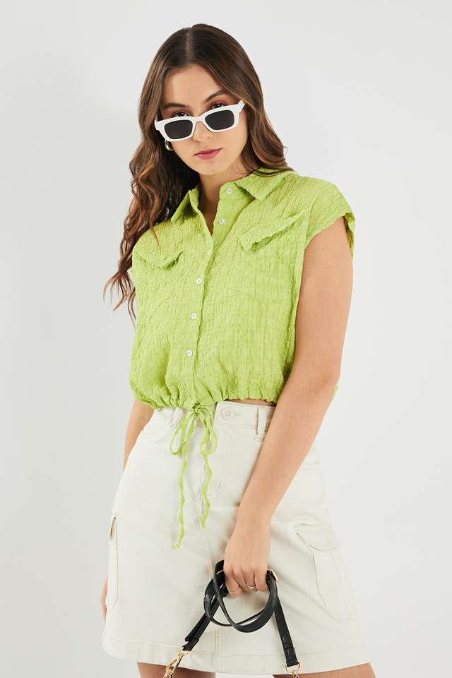 Solid-Polyester-Collared-Women-s-Top