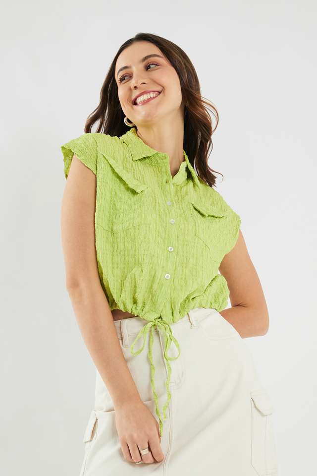 Solid-Polyester-Collared-Women-s-Top