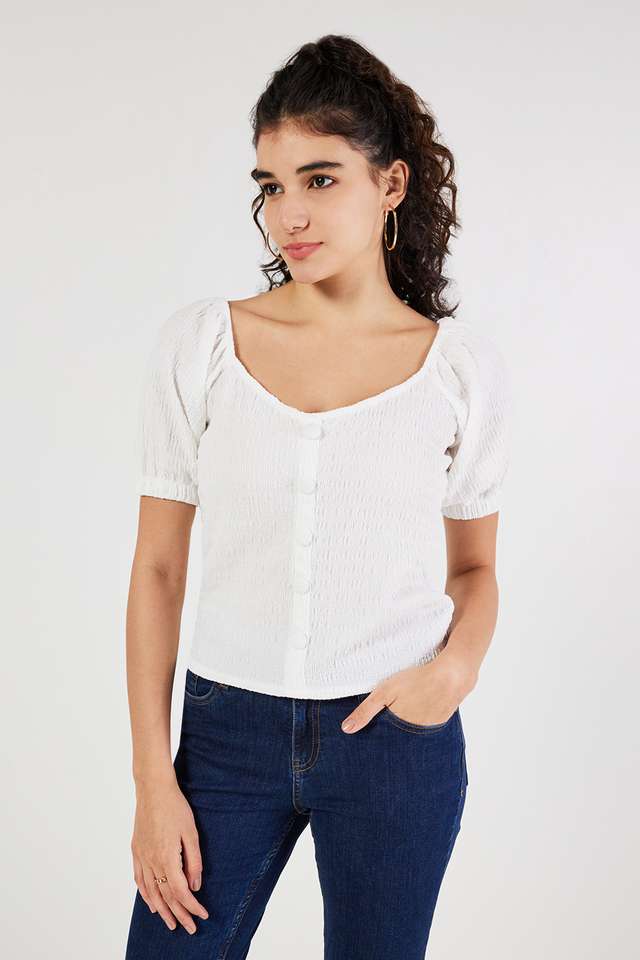 Solid-Polyester-V-Neck-Women-s-Top