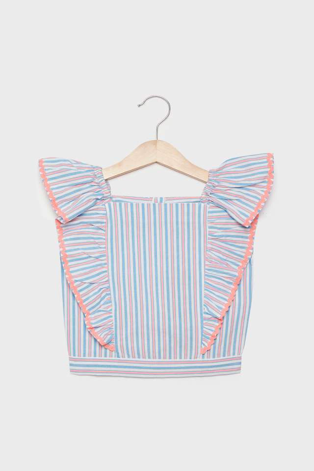Stripes-Blended-Fabric-Round-Neck-Girls-Top