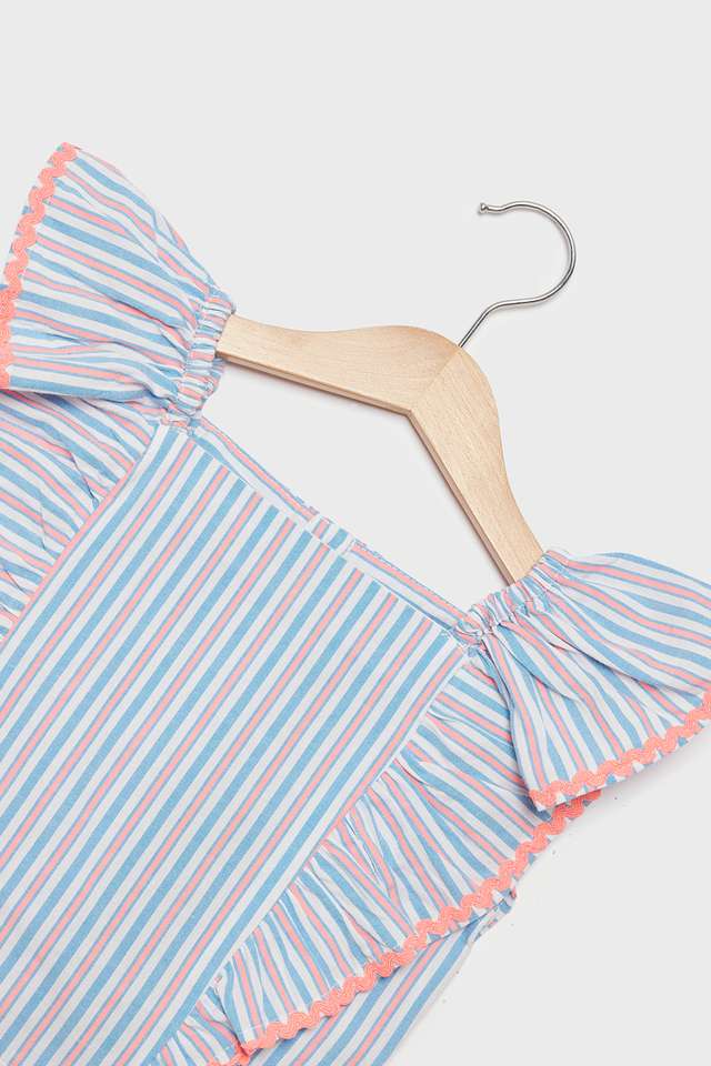 Stripes-Blended-Fabric-Round-Neck-Girls-Top