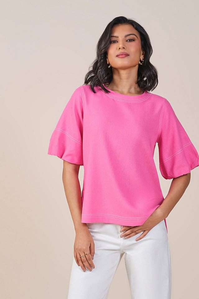 Solid-Viscose-Round-Neck-Women-s-Top