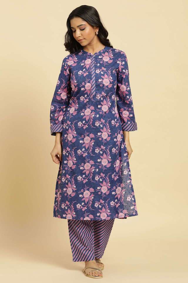 Floral-Cotton-Mandarin-Collar-Women-s-Casual-Wear-Kurta-Set