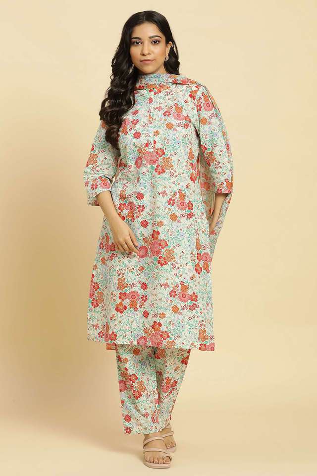 Floral-Cotton-Mandarin-Collar-Women-s-Casual-Wear-Kurta-Set-With-Dupatta
