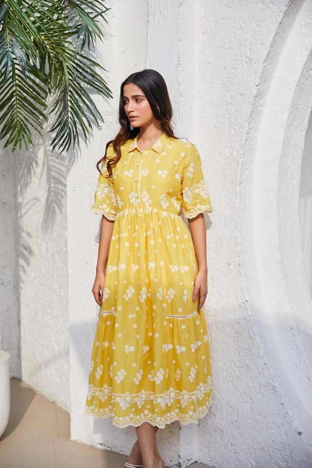 Buy Biba yellow Embroidered Spread Collar Cotton Women's Dress | Shoppers  Stop