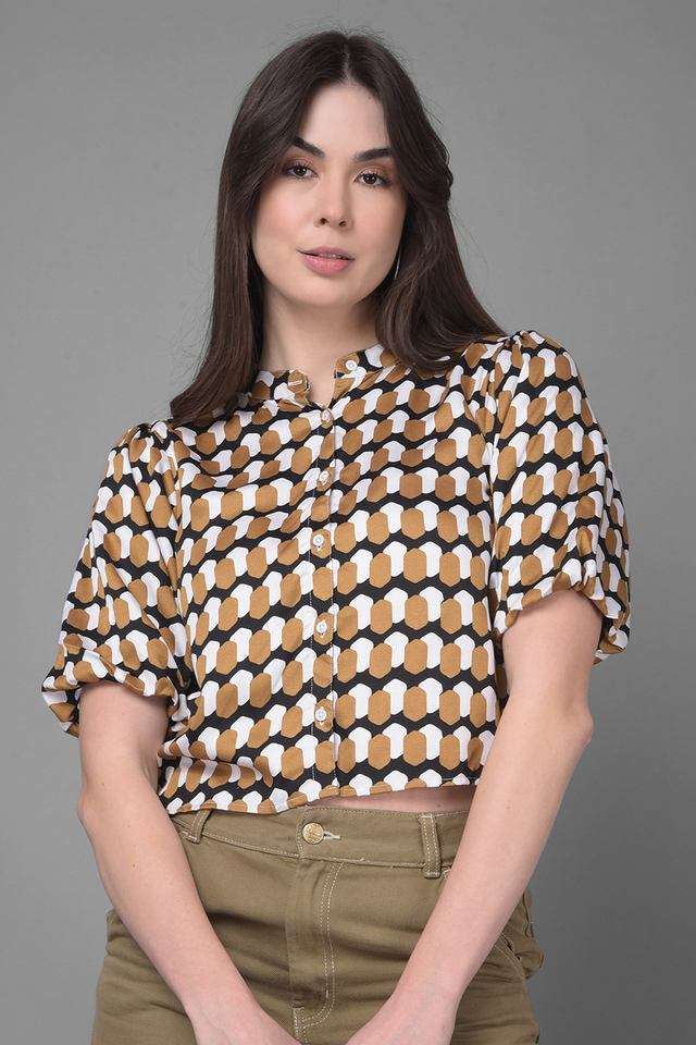 Geometric Print Viscose Collared Women Shirt-image-4