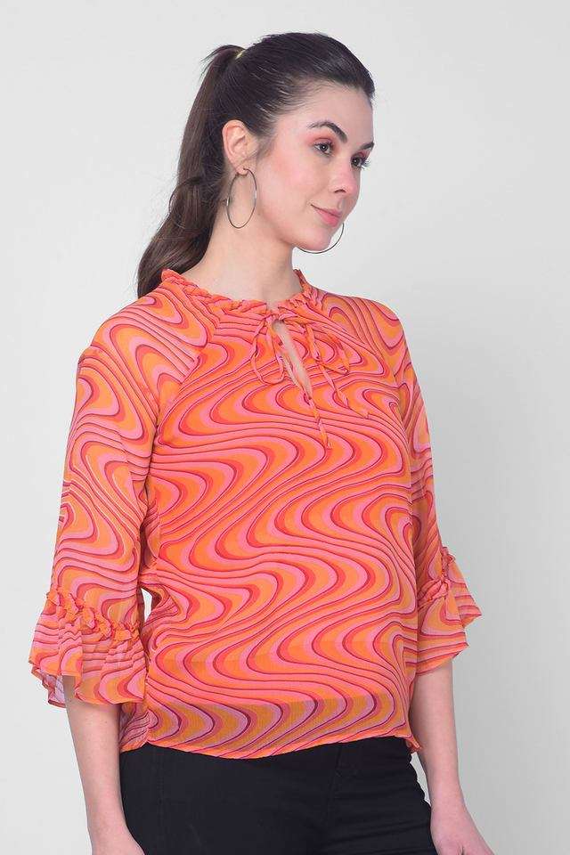 crimsoune club Printed Cotton Tie Up Neck? Women's Top-picture-24
