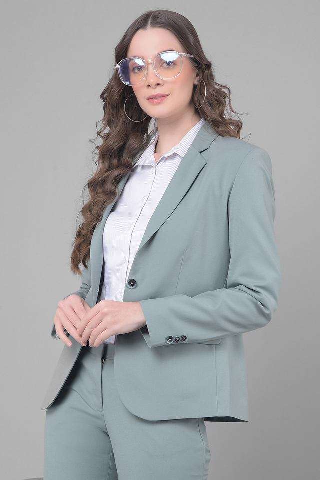 Solid Collared Blended Fabric Women's Casual Wear Blazer-image-17