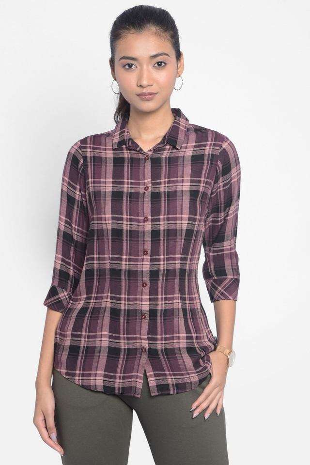 Checks Spread Collar Viscose Women's Casual Wear Shirt-image-30