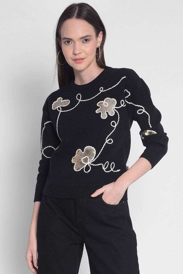 Sequinned Round Neck Blended Fabric Women Sweater