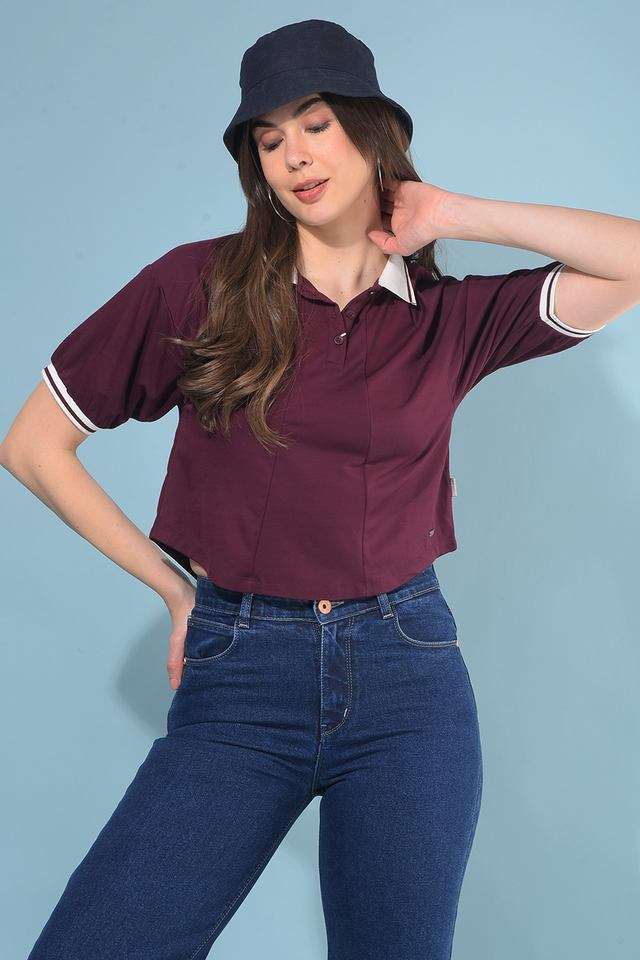crimsoune club Solid Blended Fabric Collared Women T-Shirt-picture-35