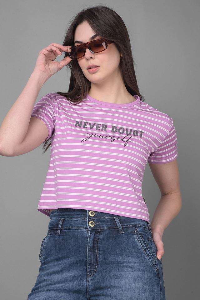 Stripes Cotton Round Neck Women T-Shirt