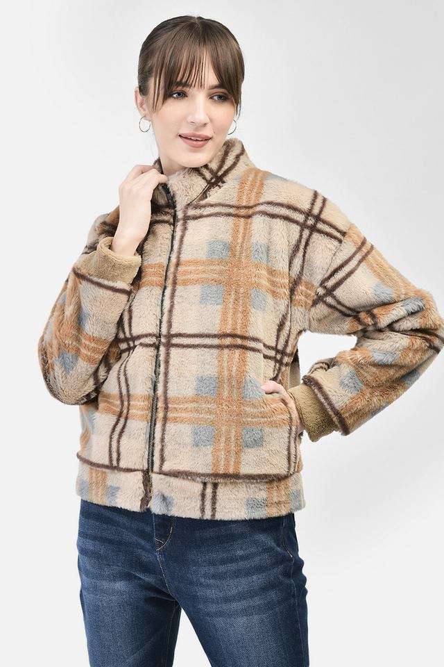 Checks High Neck Polyester Women's Oversized Jacket-image-28