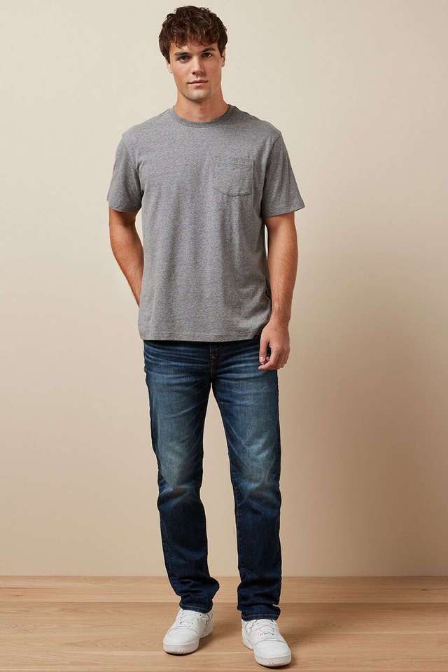 Light-Wash-Polyester-Cotton-Straight-Fit-Men-s-Jeans