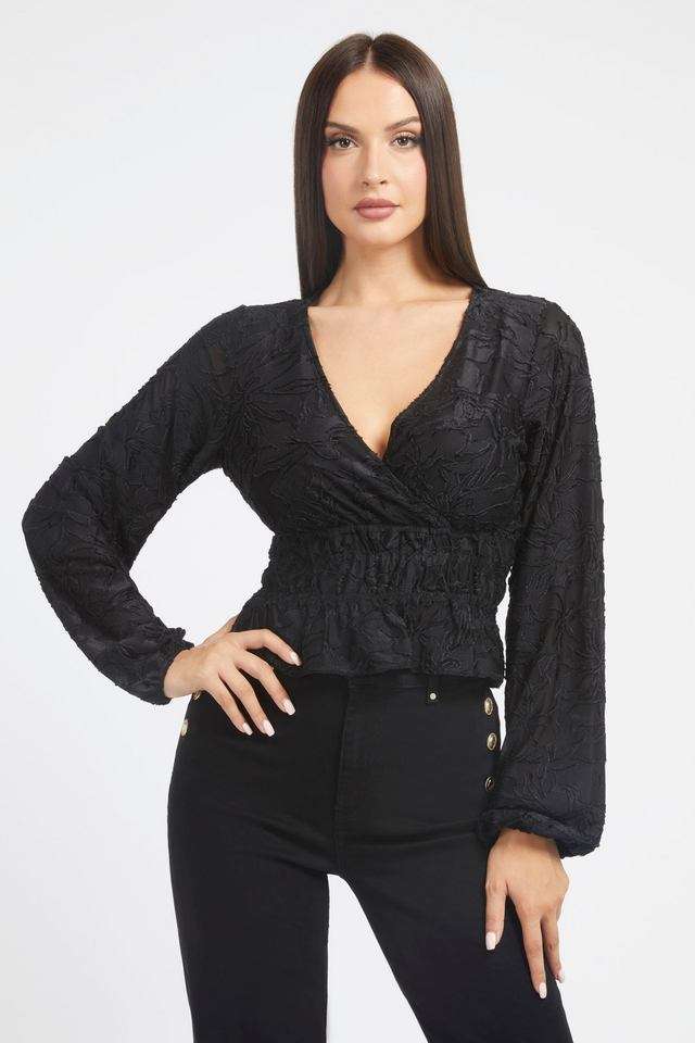 Textured-Blended-Fabric-V-Neck-Women-s-Top